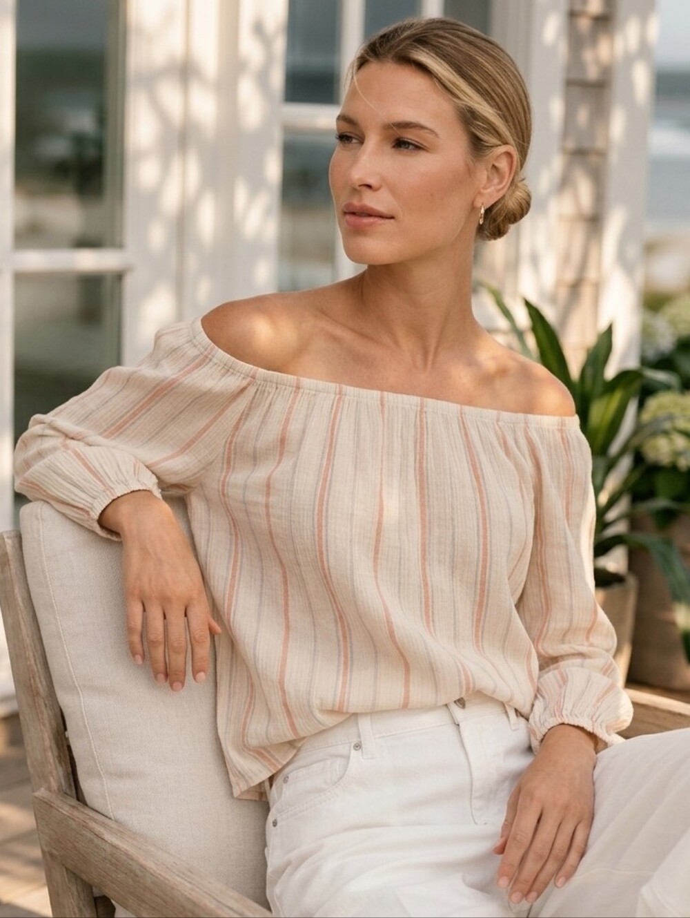 Miss Selfridge Off-Shoulder Top Peach Stripe Boho Summer Small US 4